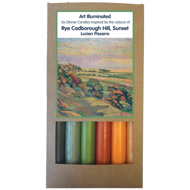 Art Illuminated Rye Cadborough Hill, Sunset – Set of 6 Green & Orange Dinner Candles