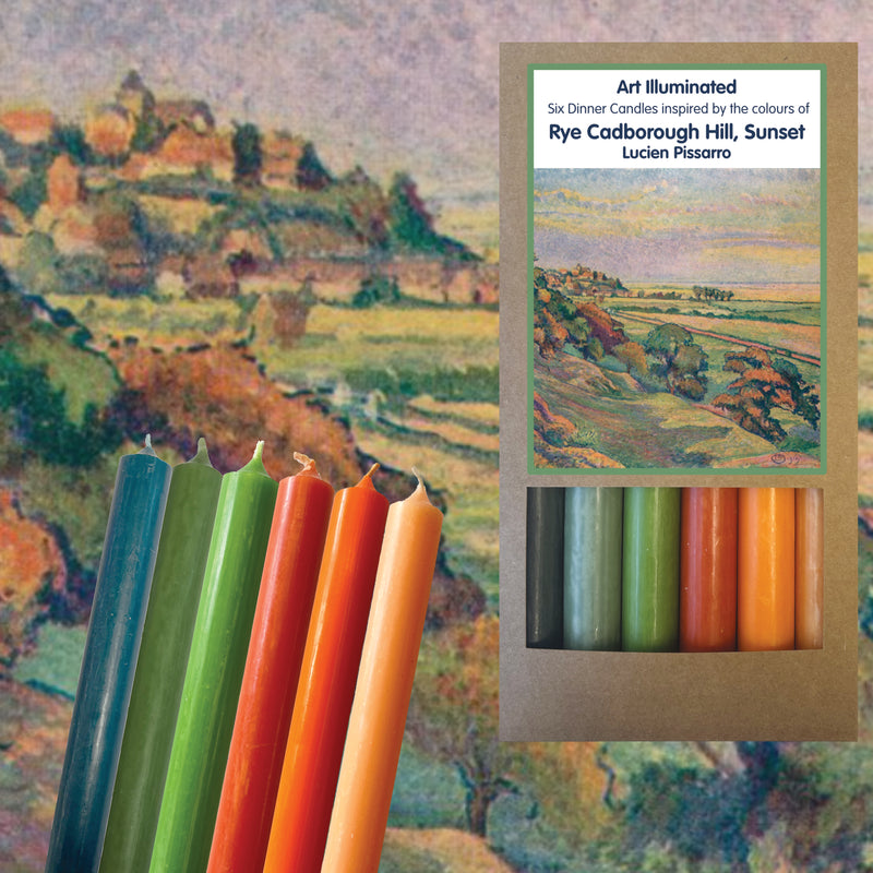 Art Illuminated Rye Cadborough Hill, Sunset – Set of 6 Green & Orange Dinner Candles