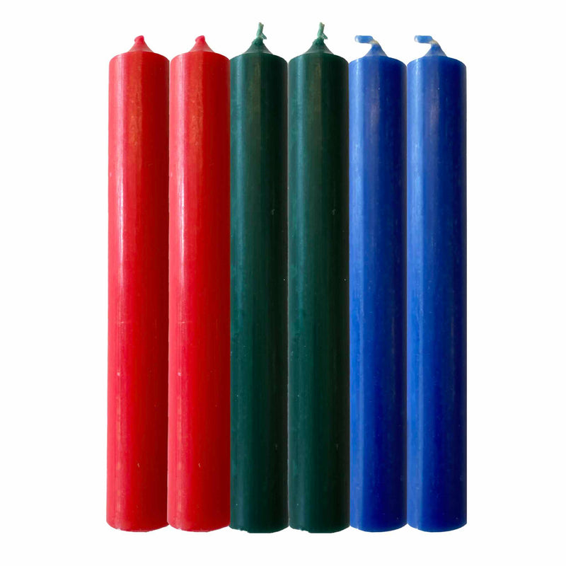 Art Illuminated Small Picture of Fir Trees – Set of 6 Green, Red & Blue Dinner Candles