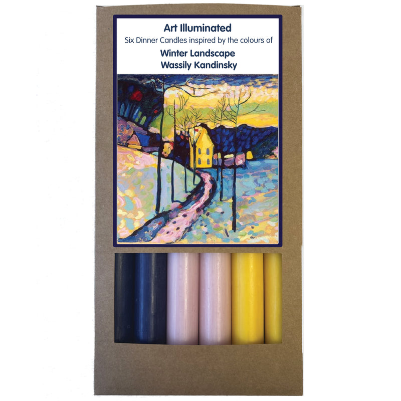 Art Illuminated Winter Landscape – Set of 6 Blue, Pink & Yellow Dinner Candles