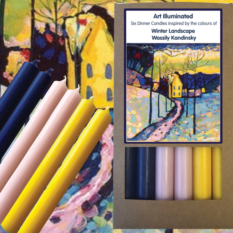Art Illuminated Winter Landscape – Set of 6 Blue, Pink & Yellow Dinner Candles