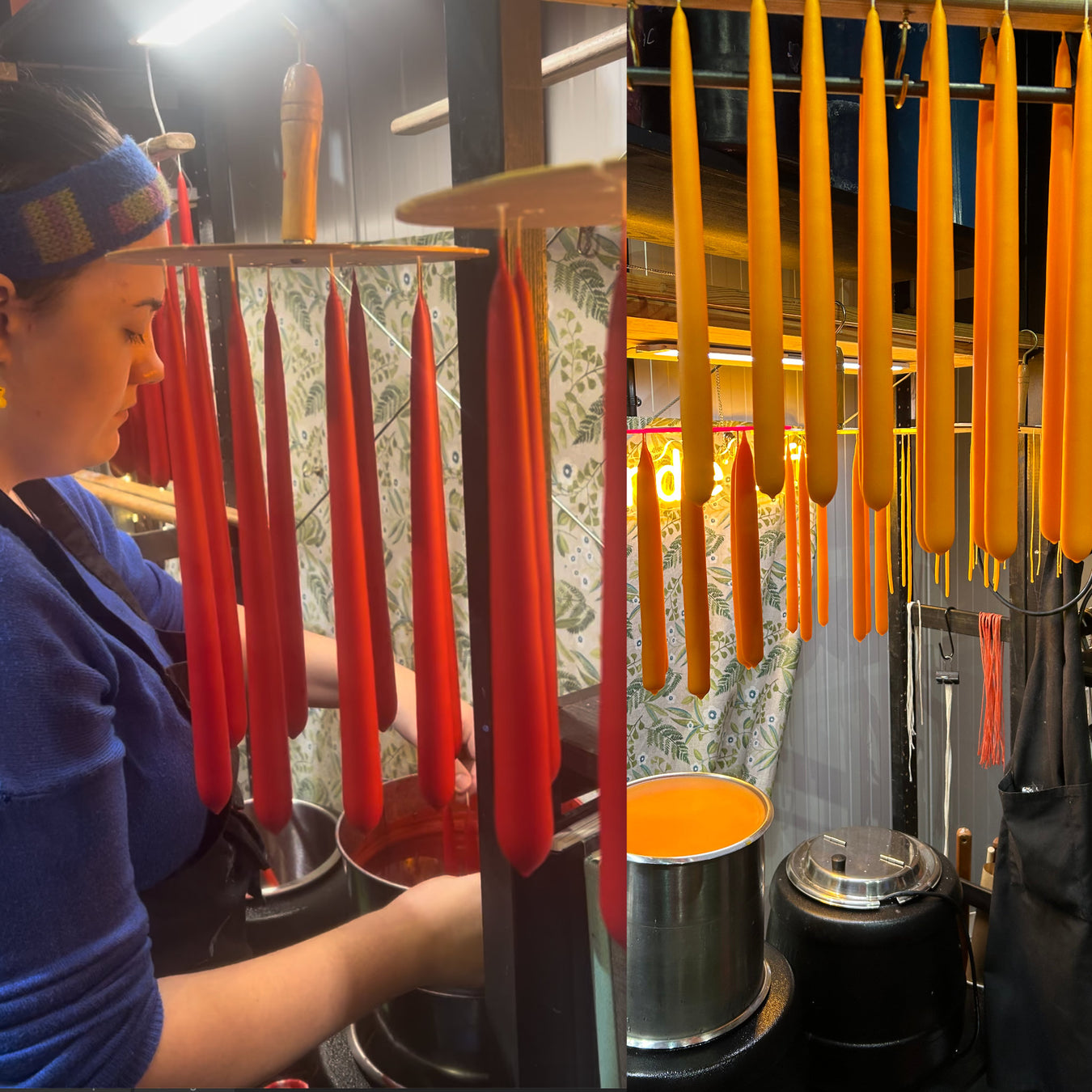 Nina, the granddaughter of our family business, drawing the most beautiful red and orange dinner candles. 