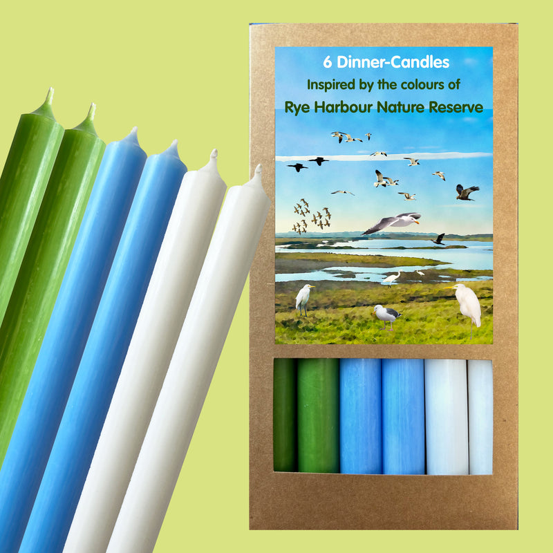 Art Illuminated Rye's Nature Reserve – Set of 6 Green, White & Blue Dinner Candles