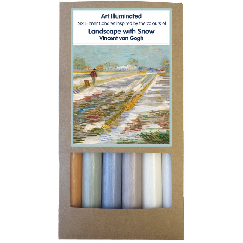 Art Illuminated Landscape in Snow – Set of 6 Blue & Neutral Dinner Candles