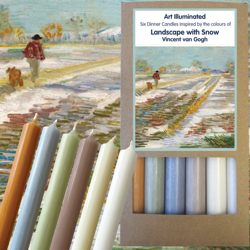 Art Illuminated Landscape in Snow – Set of 6 Blue & Neutral Dinner Candles