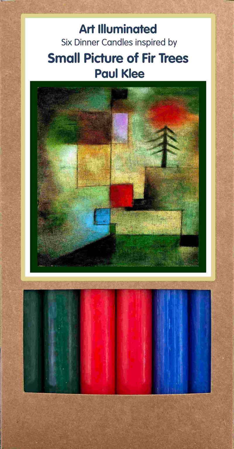 Art Illuminated Small Picture of Fir Trees – Set of 6 Green, Red & Blue Dinner Candles