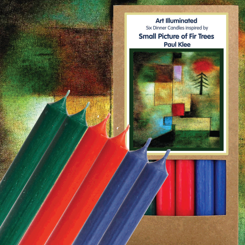 Art Illuminated Small Picture of Fir Trees – Set of 6 Green, Red & Blue Dinner Candles