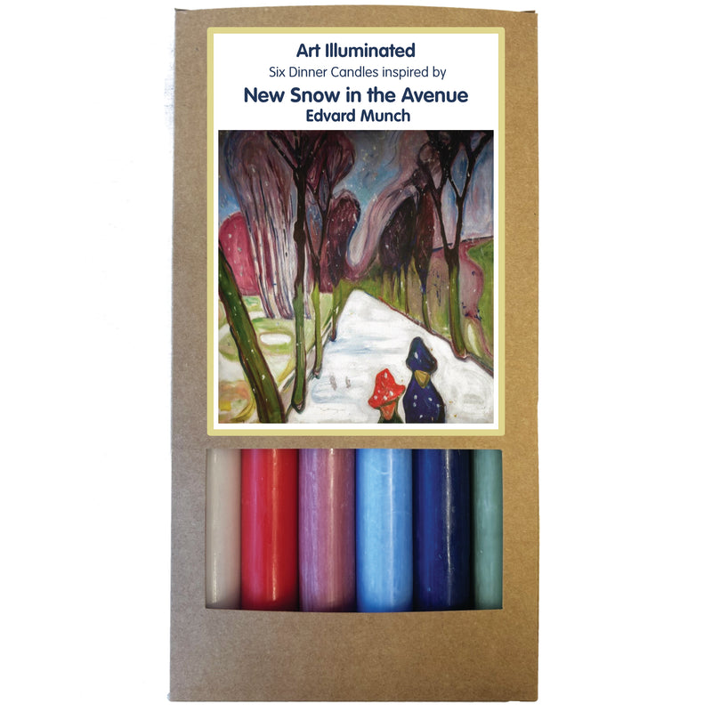 Art Illuminated New Snow in the Avenue – Set of 6 Red, Green, Blue & White Dinner Candles