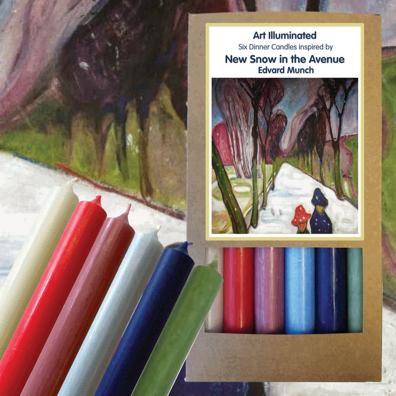 Art Illuminated New Snow in the Avenue – Set of 6 Red, Green, Blue & White Dinner Candles