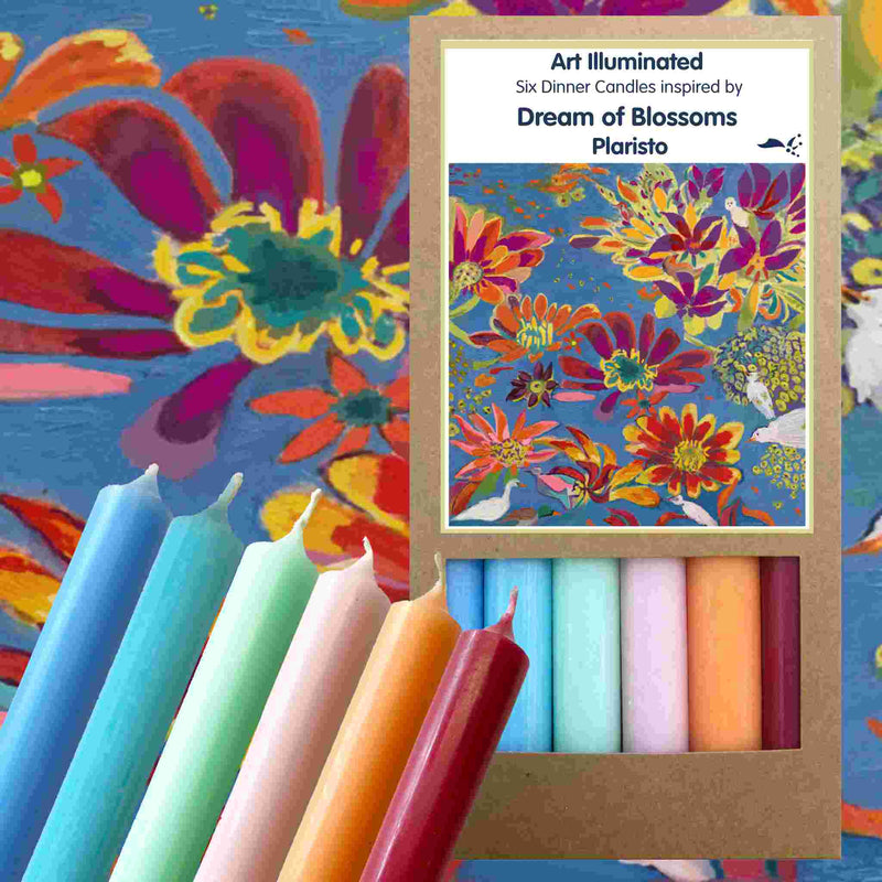 Art Illuminated Dream of Blossoms – Set of 6 Blue, Green & Coral Dinner Candles