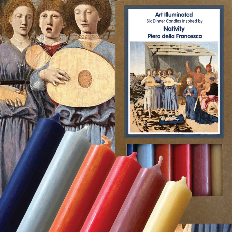 Art Illuminated Nativity – Set of 6 Blue, Red & Ivory Dinner Candles