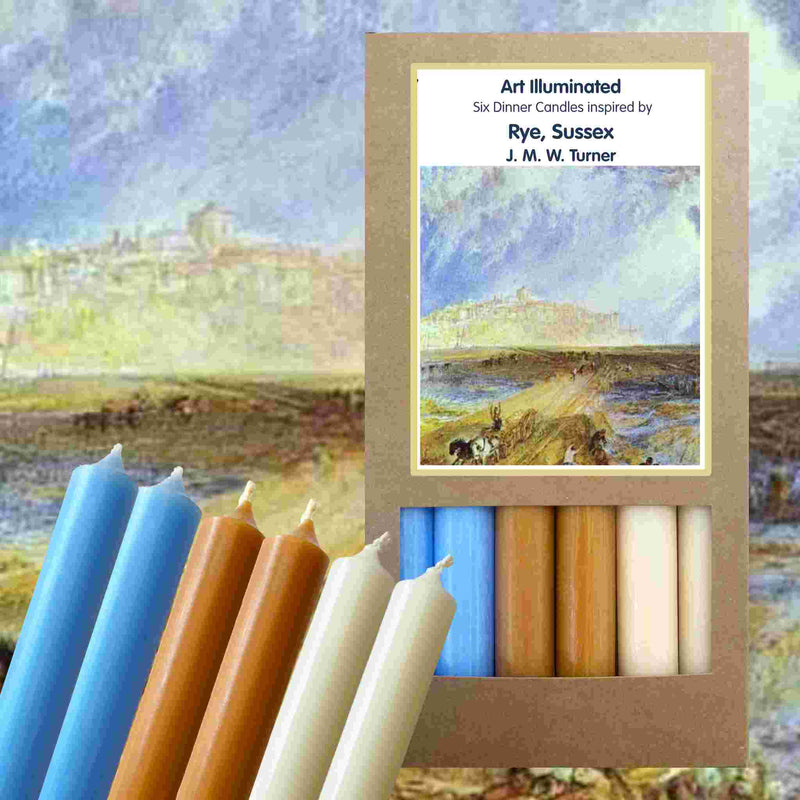 Art Illuminated Rye, Sussex – Set of 6 Blue, Ochre & Ivory Dinner Candles
