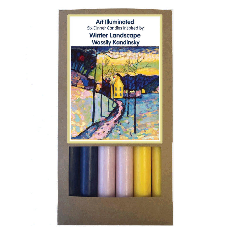 Art Illuminated Winter Landscape – Set of 6 Navy Blue, Rose & Yellow Dinner Candles