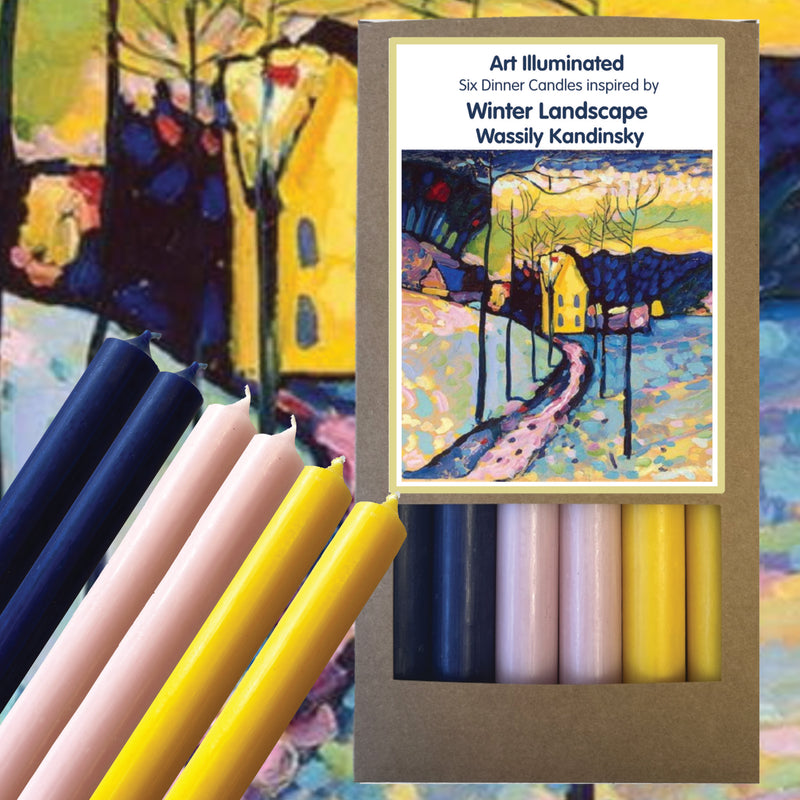 Art Illuminated Winter Landscape – Set of 6 Navy Blue, Rose & Yellow Dinner Candles